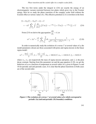 Phase transition and the casimir effect in a complex scalar field...
The two first terms under the integral in (2.8) are exactly the energy of an
electromagnetic vacuum restricted between two plates which gives rise to the Casimir
energy. Next let us study the phase transition of the complex scalar field without the
Casimir effect at various values of a. The effective potential (2.3) is rewritten in the form
Ω = ΩS(T) − ΩS(T = 0) + U
= −aT
∞∑
n=−∞
∫
dk⊥
(2π)2
{
T ln
(
1 − e−βE1n
)
+ T ln
(
1 − e−βE2n
)}
+ U (2.9)
From (2.9) we derive the gap equation
∂Ω
∂u
= 0, or
m2
+ λu2
+
aλ
π
n∑
n=−∞
∞∫
0
dk
k
√
k2 + k2
3n + 2λu2
1
eβEn − 1
= 0. (2.10)
In order to numerically study the evolution of u versus T at several values of a, the
model parameters chosen are those associated with pions and sigma mesons in the linear
sigma model:
m2
=
3m2
π − m2
σ
2
, λ =
m2
σ − m2
π
f2
π
, mσ = 500MeV, mπ = 138MeV, fπ = 93MeV.
where mσ, mπ are respectively the mass of sigma mesons and pions, and fπ is the pion
decay constant. Starting from this parameter set and the gap equation (2.10), we get the
behaviors of u as a function of temperature at several values of a, given in Figures 1a and
1b for periodic and anti-periodic cases. It is clear that the phase transitions in both cases
are of the second order.
(1a) (1b)
Figure 1. The evolution of u versus T at several values of a which correspond to
periodic (1a) and anti-periodic (1b) boundary conditions
141
 