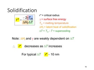16
Solidification
TH
T
r
f
m



2
*
Note: Hf and  are weakly dependent on T
 r* decreases as T increases
For typical T r* ~ 10 nm
Hf = latent heat of solidification
Tm = melting temperature
 = surface free energy
T = Tm - T = supercooling
r* = critical radius
 