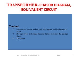 TRANSFORMER- PHASOR DIAGRAM,
EQUIVALIENT CIRCUIT
PHASOR DIAGRAM AND EQUIVALIENT CKT KNCET 1
Content:
 Introduction to load and no load with lagging and leading power
factor .
 Different types of leakage flux and steps to minimize the leakage
fluxes.
 References
 