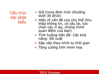 Cấu trúc bài phát biểu Giữ trong định mức (thường dưới 30 phút) Hiểu rõ vấn đề của chủ thể (thu thập thông tin, cơ cấu lại, lựa chọn các ví dụ, chứng minh quan điểm của bạn) Tình huống-Vấn đề- Các khả năng- Đề xuất Sắp xếp theo trình tự thời gian Tăng cường tính minh hoạ 