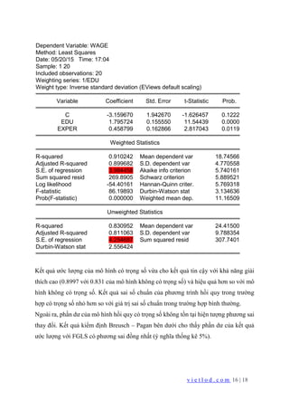 v i e t l o d . c o m 16 | 18
Dependent Variable: WAGE
Method: Least Squares
Date: 05/20/15 Time: 17:04
Sample: 1 20
Included observations: 20
Weighting series: 1/EDU
Weight type: Inverse standard deviation (EViews default scaling)
Variable Coefficient Std. Error t-Statistic Prob.
C -3.159670 1.942670 -1.626457 0.1222
EDU 1.795724 0.155550 11.54439 0.0000
EXPER 0.458799 0.162866 2.817043 0.0119
Weighted Statistics
R-squared 0.910242 Mean dependent var 18.74566
Adjusted R-squared 0.899682 S.D. dependent var 4.770558
S.E. of regression 3.984458 Akaike info criterion 5.740161
Sum squared resid 269.8905 Schwarz criterion 5.889521
Log likelihood -54.40161 Hannan-Quinn criter. 5.769318
F-statistic 86.19893 Durbin-Watson stat 3.134636
Prob(F-statistic) 0.000000 Weighted mean dep. 11.16509
Unweighted Statistics
R-squared 0.830952 Mean dependent var 24.41500
Adjusted R-squared 0.811063 S.D. dependent var 9.788354
S.E. of regression 4.254687 Sum squared resid 307.7401
Durbin-Watson stat 2.556424
Kết quả ước lượng của mô hình có trọng số vừa cho kết quả tin cậy với khả năng giải
thích cao (0.8997 với 0.831 của mô hình không có trọng số) và hiệu quả hơn so với mô
hình không có trọng số. Kết quả sai số chuẩn của phương trình hồi quy trong trường
hợp có trọng số nhỏ hơn so với giá trị sai số chuẩn trong trường hợp bình thường.
Ngoài ra, phần dư của mô hình hồi quy có trọng số không tồn tại hiện tượng phương sai
thay đổi. Kết quả kiểm định Breusch – Pagan bên dưới cho thấy phần dư của kết quả
ước lượng với FGLS có phương sai đồng nhất (ý nghĩa thống kê 5%).
 