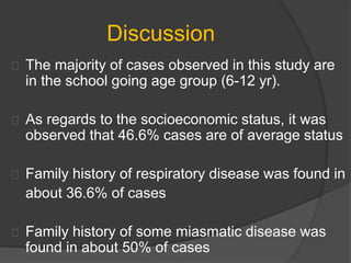 Discussion
The majority of cases observed in this study are
in the school going age group (6-12 yr).
As regards to the socioeconomic status, it was
observed that 46.6% cases are of average status
Family history of respiratory disease was found in
about 36.6% of cases
Family history of some miasmatic disease was
found in about 50% of cases
 
