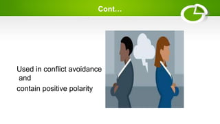 Cont…
Used in conflict avoidance
and
contain positive polarity
 