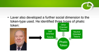 • Laver also developed a further social dimension to the
token-type used. He identified three types of phatic
token:
Phatic
Token
Self
Oriented
Tokens
Other
Oriented
Tokens
Neutral
Oriented
Tokens
 