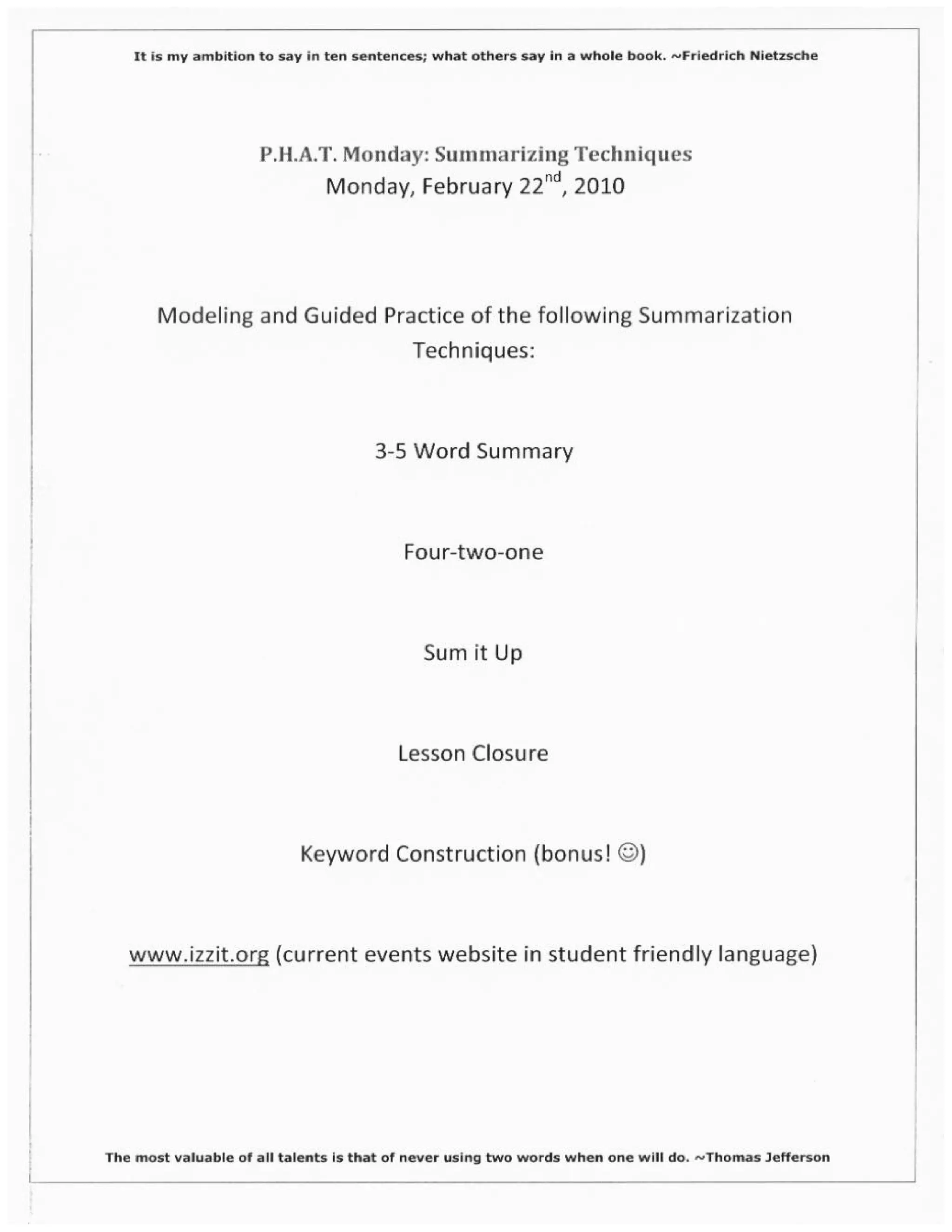 Phat Monday Summarizing Techniques