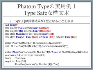 Phatom Typeの実用例	
 2
             状態を表す(定義)	
 
sealed trait State
class Empty private () extends State
class Ready private () extends State

class Dinner[Oeuvre <: State, MainDish <: State, Dessert <: State] (){
   def cookSalad = new Dinner[Ready, MainDish, Dessert]
   def cookSoup = new Dinner[Ready, MainDish, Dessert]
   def cookSteak = new Dinner[Oeuvre, Ready, Dessert]
   def cookCake = new Dinner[Oeuvre, MainDish, Ready]

  def serve() = println("Now you can eat!")
}
object Dinner{
  def start = new Dinner[Empty, Empty, Empty]
}
 