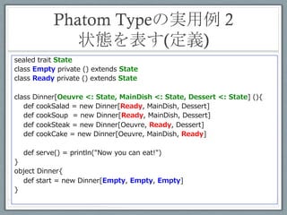 Phatom Typeの実用例	
 2
          状態を表す(実行例)	
 
scala> Dinner.start
res0: Dinner[Empty, Empty, Empty] = Dinner@4b401150


scala> Dinner.start.cookSalad.cookCake
res1: Dinner[Ready, Empty, Ready] = Dinner@6d9e4f58


scala> Dinner.start.cookSalad.cookCake.serve()
Now you can eat!


scala> Dinner.start.cookSalad.cookSteak.cookSoup.serve()
Now you can eat!
 