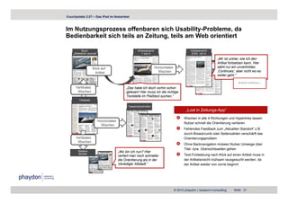 Couchpotato 2.0? – Das iPad im Nutzertest



Im Nutzungsprozess offenbaren sich Usability-Probleme, da
Bedienbarkeit sich teils an Zeitung, teils am Web orientiert

          Buch                                      Artikelansicht                             Artikelansicht
    „Weekend Journal“                                  1 von 4                                  2/3/4 von 4

                                                                                                                 „Mir ist unklar, wie ich den
                                                                                                                 Artikel fortsetzen kann. Hier
                     Klick auf                                       Horizontales                                steht nur ein unverlinktes
                       Artikel                                         Wischen                                   ‚Continues‘, aber nicht wo es
                                                                                                                 weiter geht.“


      Vertikales                            „Das habe ich doch vorhin schon
       Wischen                              gelesen! Hier muss ich die richtige
                                            Textstelle im Fließtext suchen.“
        Titelseite

                                             Teaserübersichten
                                                                                            „Lost in Zeitungs-App“
                                                                                           Wischen in alle 4 Richtungen und Hyperlinks lassen
                        Horizontales
                                                                                           Nutzer schnell die Orientierung verlieren
                                                                                                                         g
                          Wischen
                                                                                           Fehlendes Feedback zum „Aktuellen Standort“ z.B.
                                                                                           durch Breadcrumb oder Seitenzahlen verschärft das
      Vertikales                                                                           Orientierungsproblem
       Wischen
                                                                                           Ohne Backnavigation müssen Nutzer Umwege über
                                                                                           Titel- bzw. Ü
                                                                                                       Übersichtsseiten gehen
       Weitere                         „Wo bin ich nun? Hier
       Bücher                                                                              Text-Fortsetzung nach Klick auf einen Artikel muss in
                                       verliert man noch schneller
                                       die Orientierung als in der                         der Artikelansicht mühsam rausgesucht werden, da
                                       Venediger Altstadt.“                                der Artikel wieder von vorne beginnt




                                                                                    © 2010 phaydon | research+consulting    Seite 31
 