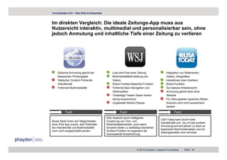 Couchpotato 2.0? – Das iPad im Nutzertest



Im direkten Vergleich: Die ideale Zeitungs-App muss aus
Nutzersicht interaktiv, multimedial und personalisierbar sein, ohne
jedoch Anmutung und inhaltliche Tiefe einer Zeitung zu verlieren




    Optische Anmutung gleicht der                Look-and-Feel einer Zeitung                   Integration von Bilderserien,
    klassischen Printausgabe                     Multimedialität/Einbettung von                Videos, Infografiken
    Statischer Content /Fehlende                 Videos                                        Interaktives User-Interface
                                                                                                            User Interface
    Interaktivität                               Share-Funktion/Speicher-Funktion              Share-Funktion
    Fehlende Multimedialität                     Fehlende Back-Navigation und                  Gut lesbare Artikelansicht
                                                 Seitenzahlen                                  Anmutung gleicht eher einer
                                                 Textlastige Teaser-Seiten wirken              Website
                                                     i          h d
                                                 wenig ansprechend                             Fü Z it
                                                                                               Für Zeitungsleser t i h Stöb
                                                                                                            l     typisches Stöber-
                                                 Ungewollte Werbe-Popups                       Szenario wird nicht ausreichend
                                                                                               bedient

           Fazit                                       Fazit                                          Fazit
                                            WSJ besticht durch intelligente
                                                                                          USA Today kann durch hohe
iKiosk bleibt hinter den Möglichkeiten      Clusterung von Text- und
                                                                                          Interaktivität und Joy-of-Use punkten.
einer iPad App zurück, weil Potentiale      Multimediaelementen, auch wenn
                                                                                          Anmutung erinnert jedoch zu stark an
der Interaktivität und Multimedialität      einzelne Seiten zu textlastig erscheinen.
                                                                                          klassische Nachrichtenseiten und ein
noch nicht ausgeschöpft werden.             Großes Problem ist insgesamt die
                                                                                          Zeitungserleben wird vermisst.
                                            inkonsistente Nutzerführung




                                                                      © 2010 phaydon | research+consulting    Seite 34
 