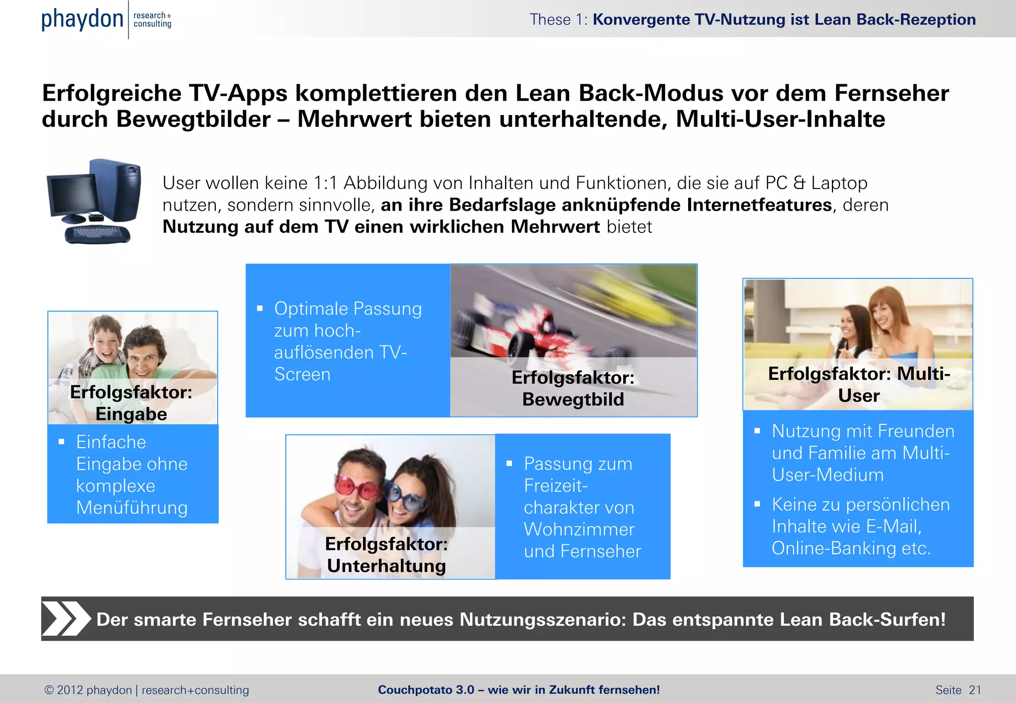 These 1: Konvergente TV-Nutzung ist Lean Back-Rezeption



Erfolgreiche TV-Apps komplettieren den Lean Back-Modus vor dem Fernseher
durch Bewegtbilder – Mehrwert bieten unterhaltende, Multi-User-Inhalte

                    User wollen keine 1:1 Abbildung von Inhalten und Funktionen, die sie auf PC & Laptop
                    nutzen, sondern sinnvolle, an ihre Bedarfslage anknüpfende Internetfeatures, deren
                    Nutzung auf dem TV einen wirklichen Mehrwert bietet



                                        Optimale Passung
                                         zum hoch-
                                         auflösenden TV-
                                         Screen                           Erfolgsfaktor:                  Erfolgsfaktor: Multi-
    Erfolgsfaktor:                                                         Bewegtbild                             User
       Eingabe
                                                                                                         Nutzung mit Freunden
   Einfache
                                                                                                          und Familie am Multi-
    Eingabe ohne                                                          Passung zum
                                                                                                          User-Medium
    komplexe                                                               Freizeit-
    Menüführung                                                            charakter von                 Keine zu persönlichen
                                                                           Wohnzimmer                     Inhalte wie E-Mail,
                                              Erfolgsfaktor:               und Fernseher                  Online-Banking etc.
                                              Unterhaltung

         Der smarte Fernseher schafft ein neues Nutzungsszenario: Das entspannte Lean Back-Surfen!


© 2012 phaydon | research+consulting                Couchpotato 3.0 – wie wir in Zukunft fernsehen!                           Seite 21
 