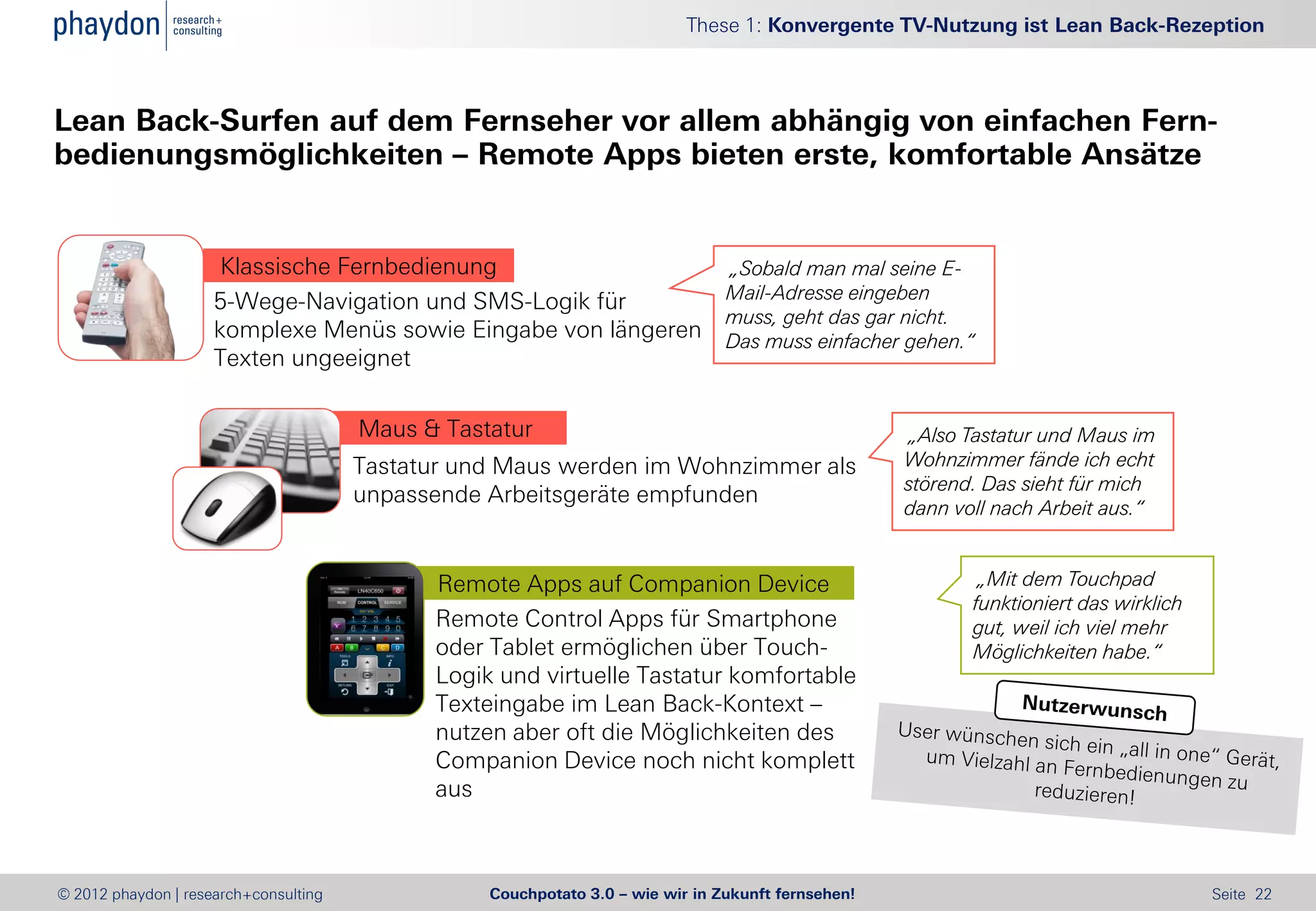 These 1: Konvergente TV-Nutzung ist Lean Back-Rezeption



Lean Back-Surfen auf dem Fernseher vor allem abhängig von einfachen Fern-
bedienungsmöglichkeiten – Remote Apps bieten erste, komfortable Ansätze


                      Klassische Fernbedienung                                  „Sobald man mal seine E-
                     5-Wege-Navigation und SMS-Logik für                        Mail-Adresse eingeben
                                                                                muss, geht das gar nicht.
                     komplexe Menüs sowie Eingabe von längeren                  Das muss einfacher gehen.“
                     Texten ungeeignet

                                       Maus & Tastatur                                              „Also Tastatur und Maus im
                                       Tastatur und Maus werden im Wohnzimmer als                   Wohnzimmer fände ich echt
                                                                                                    störend. Das sieht für mich
                                       unpassende Arbeitsgeräte empfunden
                                                                                                    dann voll nach Arbeit aus.“


                                             Remote Apps auf Companion Device                               „Mit dem Touchpad
                                                                                                           funktioniert das wirklich
                                             Remote Control Apps für Smartphone                            gut, weil ich viel mehr
                                             oder Tablet ermöglichen über Touch-                           Möglichkeiten habe.“
                                             Logik und virtuelle Tastatur komfortable
                                             Texteingabe im Lean Back-Kontext –
                                             nutzen aber oft die Möglichkeiten des
                                             Companion Device noch nicht komplett
                                             aus



© 2012 phaydon | research+consulting              Couchpotato 3.0 – wie wir in Zukunft fernsehen!                                      Seite 22
 