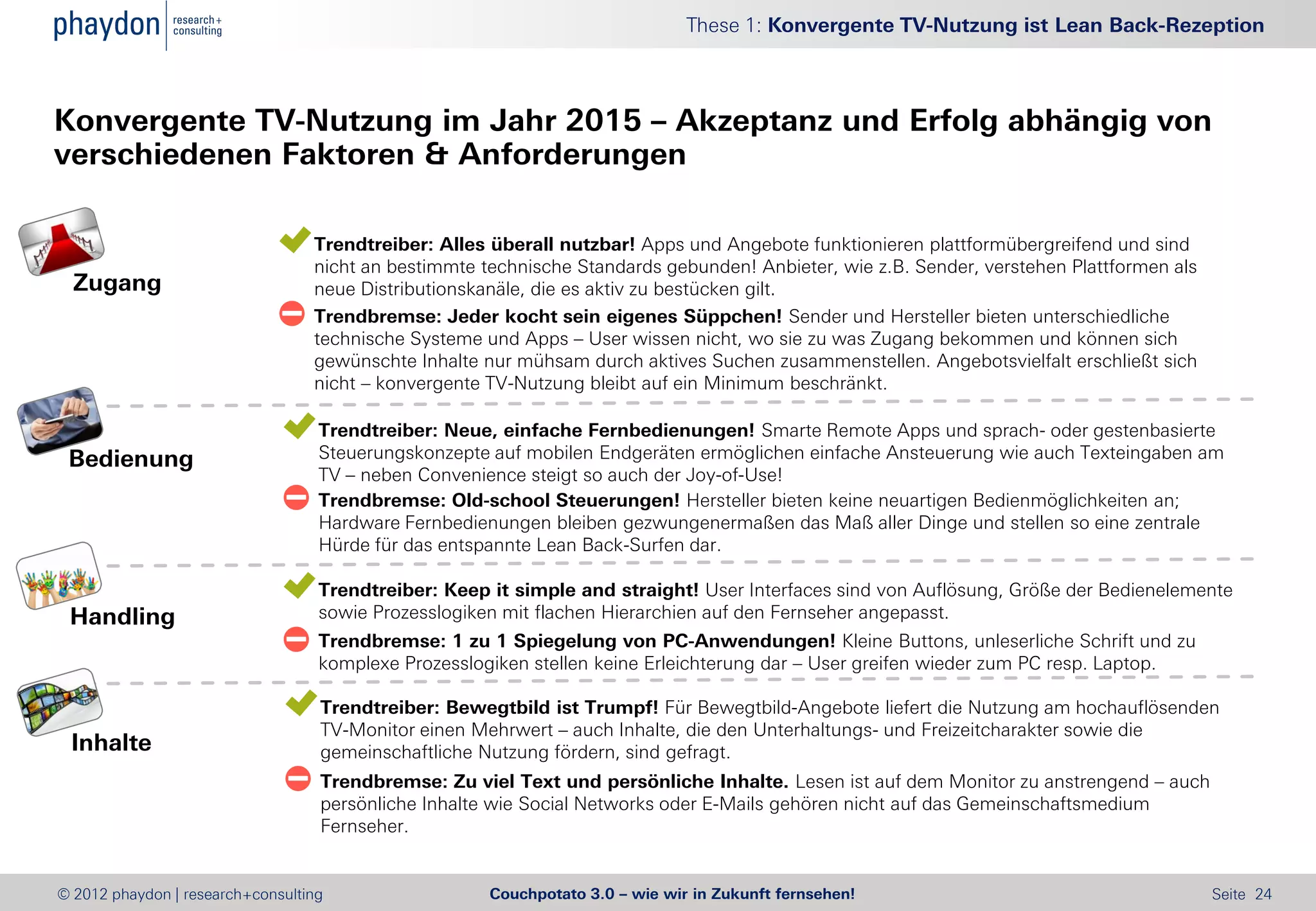 These 1: Konvergente TV-Nutzung ist Lean Back-Rezeption



Konvergente TV-Nutzung im Jahr 2015 – Akzeptanz und Erfolg abhängig von
verschiedenen Faktoren & Anforderungen

                                Trendtreiber: Alles überall nutzbar! Apps und Angebote funktionieren plattformübergreifend und sind
                                 nicht an bestimmte technische Standards gebunden! Anbieter, wie z.B. Sender, verstehen Plattformen als
  Zugang                         neue Distributionskanäle, die es aktiv zu bestücken gilt.
                                Trendbremse: Jeder kocht sein eigenes Süppchen! Sender und Hersteller bieten unterschiedliche
                                 technische Systeme und Apps – User wissen nicht, wo sie zu was Zugang bekommen und können sich
                                 gewünschte Inhalte nur mühsam durch aktives Suchen zusammenstellen. Angebotsvielfalt erschließt sich
                                 nicht – konvergente TV-Nutzung bleibt auf ein Minimum beschränkt.

                                 Trendtreiber: Neue, einfache Fernbedienungen! Smarte Remote Apps und sprach- oder gestenbasierte
 Bedienung                        Steuerungskonzepte auf mobilen Endgeräten ermöglichen einfache Ansteuerung wie auch Texteingaben am
                                  TV – neben Convenience steigt so auch der Joy-of-Use!
                                 Trendbremse: Old-school Steuerungen! Hersteller bieten keine neuartigen Bedienmöglichkeiten an;
                                  Hardware Fernbedienungen bleiben gezwungenermaßen das Maß aller Dinge und stellen so eine zentrale
                                  Hürde für das entspannte Lean Back-Surfen dar.

                                 Trendtreiber: Keep it simple and straight! User Interfaces sind von Auflösung, Größe der Bedienelemente
 Handling                         sowie Prozesslogiken mit flachen Hierarchien auf den Fernseher angepasst.
                                 Trendbremse: 1 zu 1 Spiegelung von PC-Anwendungen! Kleine Buttons, unleserliche Schrift und zu
                                  komplexe Prozesslogiken stellen keine Erleichterung dar – User greifen wieder zum PC resp. Laptop.

                                 Trendtreiber: Bewegtbild ist Trumpf! Für Bewegtbild-Angebote liefert die Nutzung am hochauflösenden
                                  TV-Monitor einen Mehrwert – auch Inhalte, die den Unterhaltungs- und Freizeitcharakter sowie die
 Inhalte                          gemeinschaftliche Nutzung fördern, sind gefragt.
                                 Trendbremse: Zu viel Text und persönliche Inhalte. Lesen ist auf dem Monitor zu anstrengend – auch
                                  persönliche Inhalte wie Social Networks oder E-Mails gehören nicht auf das Gemeinschaftsmedium
                                  Fernseher.


© 2012 phaydon | research+consulting                 Couchpotato 3.0 – wie wir in Zukunft fernsehen!                                      Seite 24
 