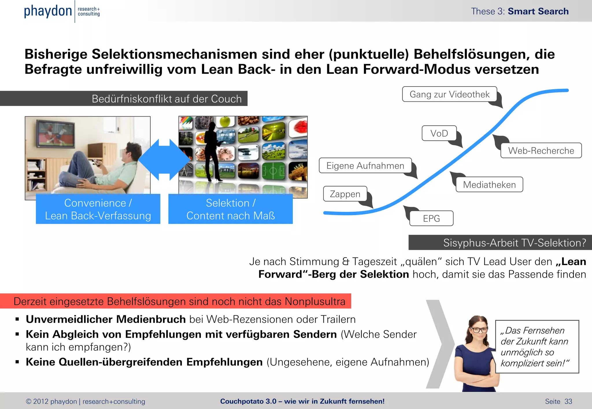 These 3: Smart Search



  Bisherige Selektionsmechanismen sind eher (punktuelle) Behelfslösungen, die
  Befragte unfreiwillig vom Lean Back- in den Lean Forward-Modus versetzen
                                                                                                 Gang zur Videothek
                     Bedürfniskonflikt auf der Couch


                                                                                                     VoD
                                                                                                                       Web-Recherche
                                                                             Eigene Aufnahmen

                                                                                                            Mediatheken
                                                                              Zappen
          Convenience /                     Selektion /
       Lean Back-Verfassung              Content nach Maß                                          EPG

                                                                                                         Sisyphus-Arbeit TV-Selektion?
                                                       Je nach Stimmung & Tageszeit „quälen“ sich TV Lead User den „Lean
                                                         Forward“-Berg der Selektion hoch, damit sie das Passende finden

Derzeit eingesetzte Behelfslösungen sind noch nicht das Nonplusultra
 Unvermeidlicher Medienbruch bei Web-Rezensionen oder Trailern
 Kein Abgleich von Empfehlungen mit verfügbaren Sendern (Welche Sender                                               „Das Fernsehen
                                                                                                                      der Zukunft kann
  kann ich empfangen?)                                                                                                unmöglich so
 Keine Quellen-übergreifenden Empfehlungen (Ungesehene, eigene Aufnahmen)                                            kompliziert sein!“



  © 2012 phaydon | research+consulting         Couchpotato 3.0 – wie wir in Zukunft fernsehen!                                   Seite 33
 