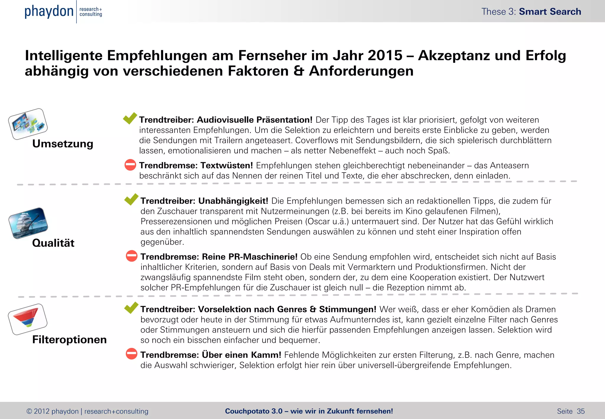 These 3: Smart Search



Intelligente Empfehlungen am Fernseher im Jahr 2015 – Akzeptanz und Erfolg
abhängig von verschiedenen Faktoren & Anforderungen


                              Trendtreiber: Audiovisuelle Präsentation! Der Tipp des Tages ist klar priorisiert, gefolgt von weiteren
                               interessanten Empfehlungen. Um die Selektion zu erleichtern und bereits erste Einblicke zu geben, werden
 Umsetzung                     die Sendungen mit Trailern angeteasert. Coverflows mit Sendungsbildern, die sich spielerisch durchblättern
                               lassen, emotionalisieren und machen – als netter Nebeneffekt – auch noch Spaß.
                              Trendbremse: Textwüsten! Empfehlungen stehen gleichberechtigt nebeneinander – das Anteasern
                               beschränkt sich auf das Nennen der reinen Titel und Texte, die eher abschrecken, denn einladen.

                               Trendtreiber: Unabhängigkeit! Die Empfehlungen bemessen sich an redaktionellen Tipps, die zudem für
                                den Zuschauer transparent mit Nutzermeinungen (z.B. bei bereits im Kino gelaufenen Filmen),
                                Presserezensionen und möglichen Preisen (Oscar u.ä.) untermauert sind. Der Nutzer hat das Gefühl wirklich
                                aus den inhaltlich spannendsten Sendungen auswählen zu können und steht einer Inspiration offen
 Qualität                       gegenüber.
                               Trendbremse: Reine PR-Maschinerie! Ob eine Sendung empfohlen wird, entscheidet sich nicht auf Basis
                                inhaltlicher Kriterien, sondern auf Basis von Deals mit Vermarktern und Produktionsfirmen. Nicht der
                                zwangsläufig spannendste Film steht oben, sondern der, zu dem eine Kooperation existiert. Der Nutzwert
                                solcher PR-Empfehlungen für die Zuschauer ist gleich null – die Rezeption nimmt ab.

                               Trendtreiber: Vorselektion nach Genres & Stimmungen! Wer weiß, dass er eher Komödien als Dramen
                                bevorzugt oder heute in der Stimmung für etwas Aufmunterndes ist, kann gezielt einzelne Filter nach Genres
                                oder Stimmungen ansteuern und sich die hierfür passenden Empfehlungen anzeigen lassen. Selektion wird
 Filteroptionen                 so noch ein bisschen einfacher und bequemer.
                               Trendbremse: Über einen Kamm! Fehlende Möglichkeiten zur ersten Filterung, z.B. nach Genre, machen
                                die Auswahl schwieriger, Selektion erfolgt hier rein über universell-übergreifende Empfehlungen.




© 2012 phaydon | research+consulting                  Couchpotato 3.0 – wie wir in Zukunft fernsehen!                                       Seite 35
 
