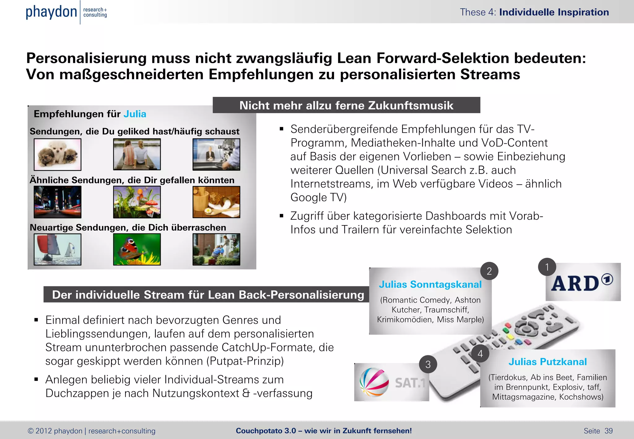 These 4: Individuelle Inspiration



Personalisierung muss nicht zwangsläufig Lean Forward-Selektion bedeuten:
Von maßgeschneiderten Empfehlungen zu personalisierten Streams

                                               Nicht mehr allzu ferne Zukunftsmusik
 Empfehlungen für Julia
Sendungen, die Du geliked hast/häufig schaust              Senderübergreifende Empfehlungen für das TV-
                                                            Programm, Mediatheken-Inhalte und VoD-Content
                                                            auf Basis der eigenen Vorlieben – sowie Einbeziehung
                                                            weiterer Quellen (Universal Search z.B. auch
Ähnliche Sendungen, die Dir gefallen könnten                Internetstreams, im Web verfügbare Videos – ähnlich
                                                            Google TV)
                                                           Zugriff über kategorisierte Dashboards mit Vorab-
Neuartige Sendungen, die Dich überraschen                   Infos und Trailern für vereinfachte Selektion


                                                                                                                  2              1
                                                                                     Julias Sonntagskanal
      Der individuelle Stream für Lean Back-Personalisierung                         (Romantic Comedy, Ashton
                                                                                        Kutcher, Traumschiff,
  Einmal definiert nach bevorzugten Genres und                                     Krimikomödien, Miss Marple)
   Lieblingssendungen, laufen auf dem personalisierten
   Stream ununterbrochen passende CatchUp-Formate, die
                                                                                                             4
   sogar geskippt werden können (Putpat-Prinzip)                                                 3                     Julias Putzkanal
  Anlegen beliebig vieler Individual-Streams zum                                                                 (Tierdokus, Ab ins Beet, Familien
                                                                                                                    im Brennpunkt, Explosiv, taff,
   Duchzappen je nach Nutzungskontext & -verfassung                                                                Mittagsmagazine, Kochshows)



© 2012 phaydon | research+consulting           Couchpotato 3.0 – wie wir in Zukunft fernsehen!                                              Seite 39
 