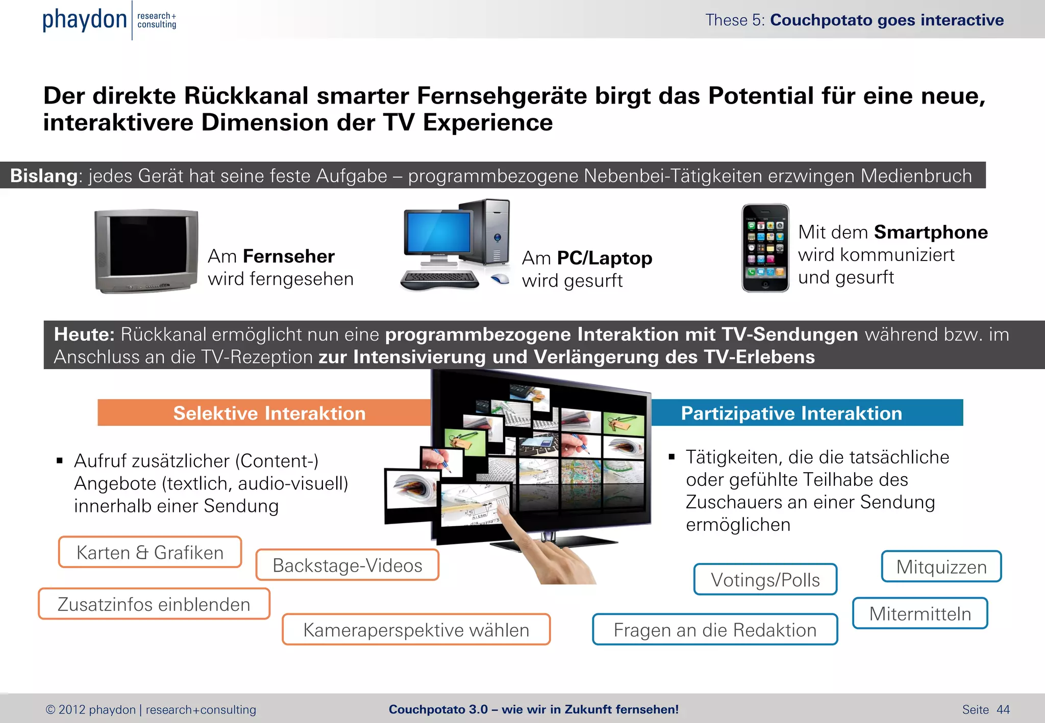 These 5: Couchpotato goes interactive



   Der direkte Rückkanal smarter Fernsehgeräte birgt das Potential für eine neue,
   interaktivere Dimension der TV Experience

Bislang: jedes Gerät hat seine feste Aufgabe – programmbezogene Nebenbei-Tätigkeiten erzwingen Medienbruch

                                                                                                                     Mit dem Smartphone
                              Am Fernseher                                 Am PC/Laptop                              wird kommuniziert
                              wird ferngesehen                             wird gesurft                              und gesurft


    Heute: Rückkanal ermöglicht nun eine programmbezogene Interaktion mit TV-Sendungen während bzw. im
    Anschluss an die TV-Rezeption zur Intensivierung und Verlängerung des TV-Erlebens


                        Selektive Interaktion                                                           Partizipative Interaktion

      Aufruf zusätzlicher (Content-)                                                               Tätigkeiten, die die tatsächliche
       Angebote (textlich, audio-visuell)                                                            oder gefühlte Teilhabe des
       innerhalb einer Sendung                                                                       Zuschauers an einer Sendung
                                                                                                     ermöglichen
        Karten & Grafiken
                                          Backstage-Videos                                                                       Mitquizzen
                                                                                                           Votings/Polls
     Zusatzinfos einblenden
                                                                                                                              Mitermitteln
                                             Kameraperspektive wählen                     Fragen an die Redaktion



   © 2012 phaydon | research+consulting               Couchpotato 3.0 – wie wir in Zukunft fernsehen!                                    Seite 44
 