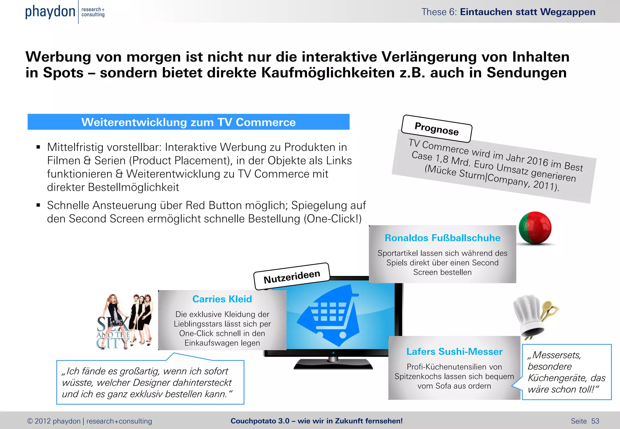 These 6: Eintauchen statt Wegzappen



Werbung von morgen ist nicht nur die interaktive Verlängerung von Inhalten
in Spots – sondern bietet direkte Kaufmöglichkeiten z.B. auch in Sendungen


               Weiterentwicklung zum TV Commerce

   Mittelfristig vorstellbar: Interaktive Werbung zu Produkten in
    Filmen & Serien (Product Placement), in der Objekte als Links
    funktionieren & Weiterentwicklung zu TV Commerce mit
    direkter Bestellmöglichkeit
   Schnelle Ansteuerung über Red Button möglich; Spiegelung auf
    den Second Screen ermöglicht schnelle Bestellung (One-Click!)
                                                                                                Ronaldos Fußballschuhe
                                                                                               Sportartikel lassen sich während des
                                                                                                 Spiels direkt über einen Second
                                                                                                         Screen bestellen


                                            Carries Kleid
                                       Die exklusive Kleidung der
                                       Lieblingsstars lässt sich per
                                         One-Click schnell in den
                                          Einkaufswagen legen
                                                                                                         Lafers Sushi-Messer          „Messersets,
          „Ich fände es großartig, wenn ich sofort
                                                                                                      Profi-Küchenutensilien von      besondere
                                                                                                   Spitzenkochs lassen sich bequem    Küchengeräte, das
          wüsste, welcher Designer dahintersteckt                                                        vom Sofa aus ordern
          und ich es ganz exklusiv bestellen kann.“                                                                                   wäre schon toll!“


© 2012 phaydon | research+consulting                   Couchpotato 3.0 – wie wir in Zukunft fernsehen!                                         Seite 53
 