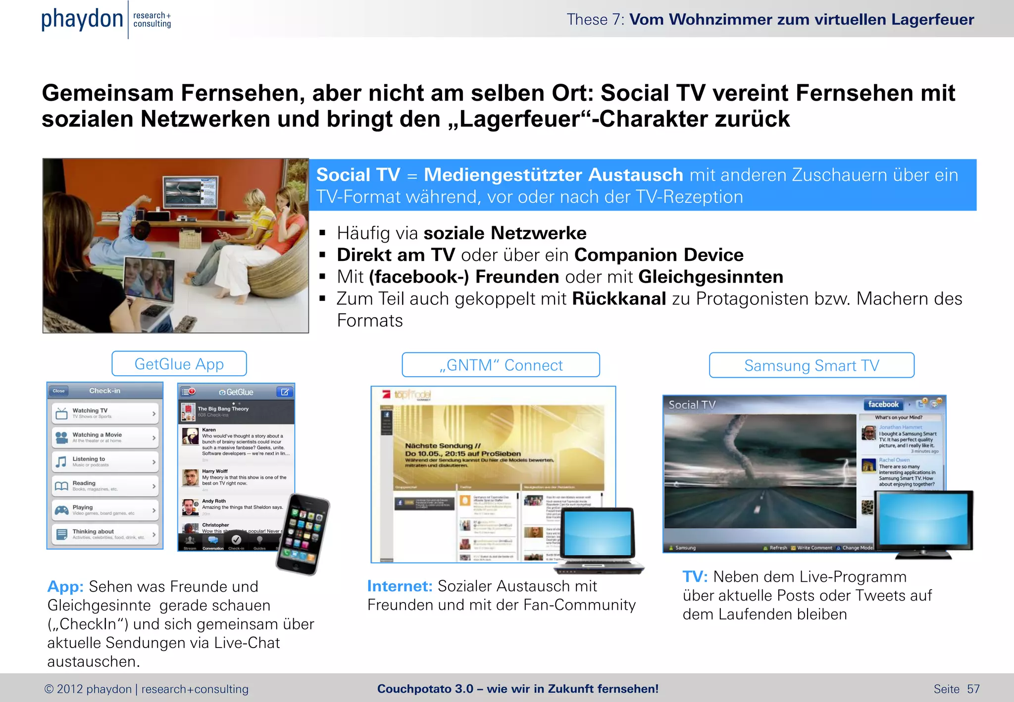 These 7: Vom Wohnzimmer zum virtuellen Lagerfeuer



Gemeinsam Fernsehen, aber nicht am selben Ort: Social TV vereint Fernsehen mit
sozialen Netzwerken und bringt den „Lagerfeuer“-Charakter zurück

                                       Social TV = Mediengestützter Austausch mit anderen Zuschauern über ein
                                       TV-Format während, vor oder nach der TV-Rezeption
                                          Häufig via soziale Netzwerke
                                          Direkt am TV oder über ein Companion Device
                                          Mit (facebook-) Freunden oder mit Gleichgesinnten
                                          Zum Teil auch gekoppelt mit Rückkanal zu Protagonisten bzw. Machern des
                                           Formats

               GetGlue App                               „GNTM“ Connect                                  Samsung Smart TV




                                                                                                 TV: Neben dem Live-Programm
App: Sehen was Freunde und                    Internet: Sozialer Austausch mit
                                                                                                 über aktuelle Posts oder Tweets auf
Gleichgesinnte gerade schauen                 Freunden und mit der Fan-Community
                                                                                                 dem Laufenden bleiben
(„CheckIn“) und sich gemeinsam über
aktuelle Sendungen via Live-Chat
austauschen.
© 2012 phaydon | research+consulting           Couchpotato 3.0 – wie wir in Zukunft fernsehen!                                         Seite 57
 