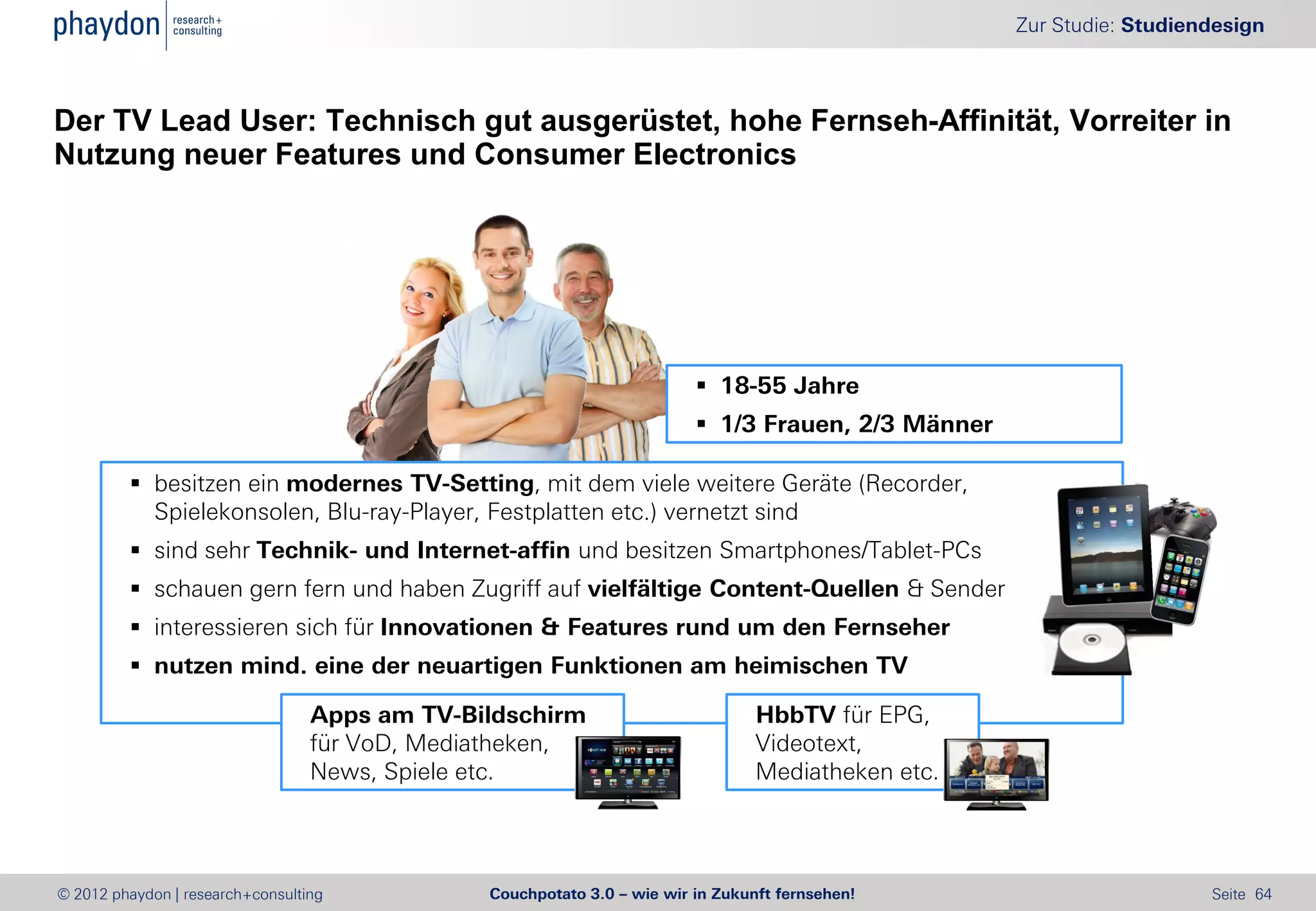 Zur Studie: Studiendesign



Der TV Lead User: Technisch gut ausgerüstet, hohe Fernseh-Affinität, Vorreiter in
Nutzung neuer Features und Consumer Electronics




                                                                          18-55 Jahre
                                                                          1/3 Frauen, 2/3 Männer

          besitzen ein modernes TV-Setting, mit dem viele weitere Geräte (Recorder,
           Spielekonsolen, Blu-ray-Player, Festplatten etc.) vernetzt sind
          sind sehr Technik- und Internet-affin und besitzen Smartphones/Tablet-PCs
          schauen gern fern und haben Zugriff auf vielfältige Content-Quellen & Sender
          interessieren sich für Innovationen & Features rund um den Fernseher
          nutzen mind. eine der neuartigen Funktionen am heimischen TV

                                  Apps am TV-Bildschirm                          HbbTV für EPG,
                                  für VoD, Mediatheken,                          Videotext,
                                  News, Spiele etc.                              Mediatheken etc.




© 2012 phaydon | research+consulting           Couchpotato 3.0 – wie wir in Zukunft fernsehen!                         Seite 64
 