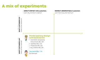 A mix of experiments
Scientist
DIRECT CONTACT with customers
Learn why and how to improve
INDIRECT OBSERVATION of customers
Learn how many and how much
Lab studies
Learning prototype/MVP → p. 222
Life-size prototypes → p. 226
Wizard of Oz → p. 223
Anthropologist → p. 114
For ﬁeld studies
Sale actions
Mock sales → p. 236
Pre sales → p. 237
Crowdfunding → p. 237
Tracking actions
Ad and link tracking → p. 220
Landing page → p. 228
Split testing → p. 230
Participatory design
and evaluation
Illustrations, storyboards,
and scenarios → p. 224
Speedboat → p. 233
Product box → p. 234
Buy a feature → p. 235
Journalist → p. 110
For interviews
Detective → p. 108
For data analysis
WHATCUSTOMERSDO
Observetheirbehaviors
WHATCUSTOMERSSAY
Observetheirattitudes
 