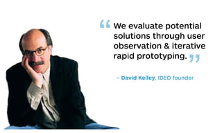 We evaluate potential
solutions through user
observation & iterative
rapid prototyping.
– David Kelley, IDEO founder
“
”
 