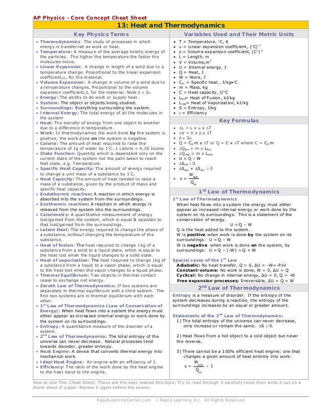 heat and thermodynamics cheat sheet