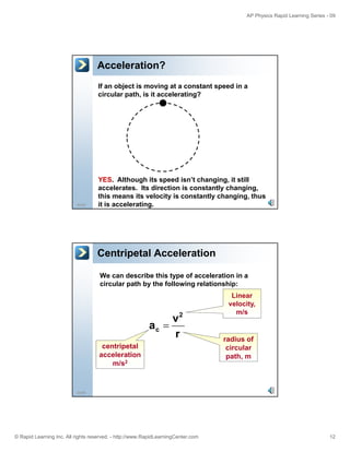 AP Physics Rapid Learning Series - 09 
Acceleration? 
If an object is moving at a constant speed in a 
circular path, is it accelerating? 
23/55 
YES. Although its speed isn’t changing, it still 
accelerates. Its direction is constantly changing, 
this means its velocity is constantly changing, thus 
it is accelerating. 
Centripetal Acceleration 
We can describe this type of acceleration in a 
circular path by the following relationship: 
Linear 
Li 
velocity, 
m/s 
a v 
2 
r 
c = 
radius of 
centripetal 
i l 
24/55 
circular 
path, m 
acceleration 
m/s2 
© Rapid Learning Inc. All rights reserved. - http://www.RapidLearningCenter.com 12 
 