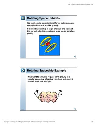 AP Physics Rapid Learning Series - 09 
Rotating Space Habitats 
We can’t create a gravitational force, but we can use 
centripetal force to act like gravity. 
If a round space ship is large enough, and spins at 
the correct rate, the centripetal force would simulate 
gravity. 
49/55 
Rotating Spaceship Example 
If we want to simulate regular earth gravity in a 
circular spaceship of radius 15m, how fast must it 
rotate? Give m/s and rpm. 
50/55 
© Rapid Learning Inc. All rights reserved. - http://www.RapidLearningCenter.com 25 
 