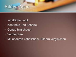 Bilder lügenInhaltliche LogikKontraste und SchärfeGenau hinschauenVergleichenMit anderen «ähnlichen» Bildern vergleichen 