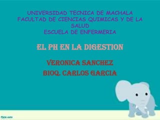 UNIVERSIDAD TECNICA DE MACHALA
FACULTAD DE CIENCIAS QUIMICAS Y DE LA
SALUD
ESCUELA DE ENFERMERIA
EL PH EN LA DIGESTION
VERONICA SANCHEZ
BIOQ. CARLOS GARCIA
 