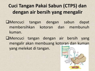 Cuci Tangan Pakai Sabun (CTPS) dan
dengan air bersih yang mengalir
Mencuci tangan dengan sabun dapat
membersihkan kotoran dan membunuh
kuman.
Mencuci tangan dengan air bersih yang
mengalir akan membuang kotoran dan kuman
yang melekat di tangan.
