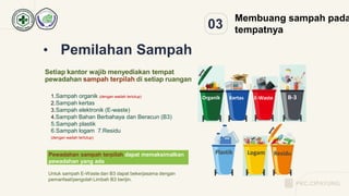 03
Membuang sampah pada
tempatnya
1.Sampah organik (dengan wadah tertutup)
2.Sampah kertas
3.Sampah elektronik (E-waste)
4.Sampah Bahan Berbahaya dan Beracun (B3)
5.Sampah plastik
6.Sampah logam 7.Residu
(dengan wadah tertutup)
Organik
Plastik Logam
Kertas E-Waste B-3
Residu
• Pemilahan Sampah
Setiap kantor wajib menyediakan tempat
pewadahan sampah terpilah di setiap ruangan
Untuk sampah E-Waste dan B3 dapat bekerjasama dengan
pemanfaat/pengolah Limbah B3 berijin.
Pewadahan sampah terpilah dapat memaksimalkan
pewadahan yang ada
PKC.CIPAYUNG
 