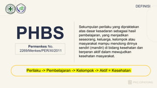 Sekumpulan perilaku yang dipraktekan
atas dasar kesadaran sebagaai hasil
pembelajaran, yang menjadikan
seseorang, keluarga, kelompok atau
masyarakat mampu menolong dirinya
sendiri (mandiri) di bidang kesehatan dan
berperan aktif dalam mewujudkan
kesehatan masyarakat.
Perilaku -> Pembelajaran -> Kelompok -> Aktif = Kesehatan
Permenkes No.
2269/Menkes/PER/XI/2011
PHBS
DEFINISI
PKC.CIPAYUNG
 