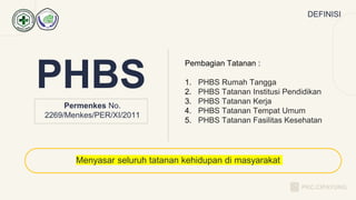 Permenkes No.
2269/Menkes/PER/XI/2011
PHBS
Pembagian Tatanan :
1. PHBS Rumah Tangga
2. PHBS Tatanan Institusi Pendidikan
3. PHBS Tatanan Kerja
4. PHBS Tatanan Tempat Umum
5. PHBS Tatanan Fasilitas Kesehatan
Menyasar seluruh tatanan kehidupan di masyarakat
DEFINISI
PKC.CIPAYUNG
 