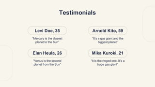 Testimonials
Levi Doe, 35
“Mercury is the closest
planet to the Sun”
Arnold Kito, 59
“It’s a gas giant and the
biggest planet”
Elen Heula, 26
“Venus is the second
planet from the Sun”
Mika Kuroki, 21
“It is the ringed one. It’s a
huge gas giant”
 
