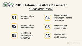 03
01
02
PHBS Tatanan Fasilitas Kesehatan
6 Indikator PHBS
Menggunakan
air bersih
Menggunakan
Jamban sehat
Membuang
sampah pada
tempatnya
06
04
05
Tidak merokok di
lingkungan Fasilitas
Kesehatan
Tidak Meludah
sembarangan
Memberantas
Jentik nyamuk
PKC.CIPAYUNG
 