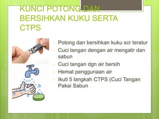 KUNCI POTONG DAN
BERSIHKAN KUKU SERTA
CTPS
• Potong dan bersihkan kuku scr teratur
• Cuci tangan dengan air mengalir dan
sabun
• Cuci tangan dgn air bersih
• Hemat penggunaan air
• Ikuti 5 langkah CTPS (Cuci Tangan
Pakai Sabun
 