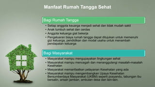 Bagi Rumah Tangga
• Setiap anggota keuarga menjadi sehat dan tidak mudah sakit
• Anak tumbuh sehat dan cerdas
• Anggota keluarga giat bekerja
• Pengeluaran biaya rumah tangga dapat ditujukan untuk memenuhi
gizi keluarga, pendidikan dan modal usaha untuk menambah
pendapatan keluarga
Bagi Masyarakat
• Masyarakat mampu mengupayakan lingkungan sehat
• Masyarakat mampu mencegah dan menanggulangi masalah-masalah
Kesehatan
• Masyarakat memanfaatkan pelayanan Kesehatan yang ada
• Masyarakat mampu mengembangkan Upaya Kesehatan
Bersumberdaya Masyarakat (UKBM) seperti posyandu, tabungan ibu
bersalin, arisan jamban, ambulan desa dan lain-lain.
Manfaat Rumah Tangga Sehat
 