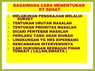 BAGAIMANA CARA MENENTUKAN 
RT SEHAT 
1. MELAKUKAN PENGKAJIAN MELALUI 
SURVEY 
2. TENTUKAN URUTAN MASALAH 
3. TENTUKAN PRIORITAS MASALAH 
4. DICARI PENYEBAB MASALAH 
5. PERILAKU YANG AKAN DIUBAH 
6. LINGKUNGAN YG HRS DIPERBAIKI 
7. RENCANAKAN INTERVENSINYA 
8. CARI DUKUNGAN BERBAGAI PIHAK 
TERKAIT ( LS,LSM,SWASTA ) 
 