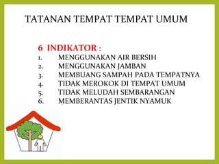 TATANAN TEMPAT TEMPAT UMUM 
6 INDIKATOR : 
1. MENGGUNAKAN AIR BERSIH 
2. MENGGUNAKAN JAMBAN 
3. MEMBUANG SAMPAH PADA TEMPATNYA 
4. TIDAK MEROKOK DI TEMPAT UMUM 
5. TIDAK MELUDAH SEMBARANGAN 
6. MEMBERANTAS JENTIK NYAMUK 
 