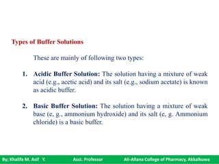 By; Khalifa M. Asif Y. Asst. Professor Ali-Allana College of Pharmacy, Akkalkuwa
Types of Buffer Solutions
These are mainly of following two types:
1. Acidic Buffer Solution: The solution having a mixture of weak
acid (e.g., acetic acid) and its salt (e.g., sodium acetate) is known
as acidic buffer.
2. Basic Buffer Solution: The solution having a mixture of weak
base (e, g., ammonium hydroxide) and its salt (e, g. Ammonium
chloride) is a basic buffer.
 
