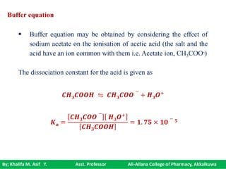 By; Khalifa M. Asif Y. Asst. Professor Ali-Allana College of Pharmacy, Akkalkuwa
Buffer equation
 Buffer equation may be obtained by considering the effect of
sodium acetate on the ionisation of acetic acid (the salt and the
acid have an ion common with them i.e. Acetate ion, CH3COO-)
The dissociation constant for the acid is given as
𝑪𝑯 𝟑 𝑪𝑶𝑶𝑯 ⇋ 𝑪𝑯 𝟑 𝑪𝑶𝑶
−
+ 𝑯 𝟑 𝑶+
𝑲 𝒂 =
𝑪𝑯 𝟑 𝑪𝑶𝑶
−
𝑯 𝟑 𝑶+
𝑪𝑯 𝟑 𝑪𝑶𝑶𝑯
= 𝟏. 𝟕𝟓 × 𝟏𝟎
− 𝟓
 