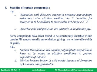 By; Khalifa M. Asif Y. Asst. Professor Ali-Allana College of Pharmacy, Akkalkuwa
3. Stability of certain compounds :
e.g.
i. Adrenaline with dissolved oxygen in presence may undergo
reductions with alkaline medium. So its solution for
injection is to be buffered to most stable pH range 2.5 - 5.
i. Ascorbic acid and penicillin are unstable in an alkaline pH.
Some compounds have been found to be structurally unstable within
certain PH ranges usually autoxidation, giving rise to insoluble solids
or gases,
e.g.,
i. Sodium thiosulphate and sodium polysulphide preparations
have to be stored at alkaline conditions to prevent
separation of sulphur.
ii. Nitrites become brown in acid media because of formation
of Coloured nitrogen oxides.
 