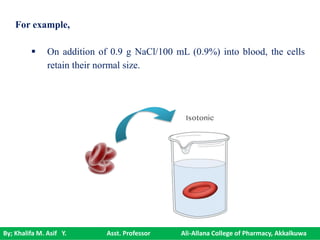 By; Khalifa M. Asif Y. Asst. Professor Ali-Allana College of Pharmacy, Akkalkuwa
For example,
 On addition of 0.9 g NaCl/100 mL (0.9%) into blood, the cells
retain their normal size.
 