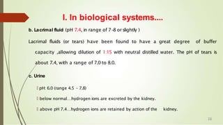 b. Lacrimal fluid (pH 7.4, in range of 7-
8 or slightly )
Lacrimal fluids (or tears) have been found to have a great degree of buffer
capacity ,allowing dilution of 1:15 with neutral distilled water. The pH of tears is
about 7.4, with a range of 7.0 to 8.0.
c. Urine
🠶 pH: 6.0 (range 4.5 – 7.8)
🠶 below normal…hydrogen ions are excreted by the kidney.
🠶 above pH 7.4…hydrogen ions are retained by action of the kidney.
I. In biological systems....
16
 