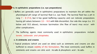 b. In ophthalmic preparations (i.e. eye preparations)
🠶 Buffers are generally used in ophthalmic preparations to maintain the pH within the
physiological pH range of lacrimal fluid (i.e. eye fluid). The lacrimal fluid has a pH in
rang 7 – 8 (7.4), but it has good buffering capacity and can tolerate preparations
having pH values between 3.5 – 10.5 with little discomfort. Out side this range (i.e. 3.5
below and 10.5 above), increase lacrimation (the flow of tears) may occur with
other complications .
🠶 The buffering agents most commonly used in ophthalmic preparations include
borate, carbonate and phosphates.
c. In ointments and creams
🠶 Topical products (which are used on skins) such as ointments and creams are also
buffered to ensure stability of the formulation. The most commonly used buffers in
ointments and creams are citric acid / its salts & phosphoric acid / its salts.
18
 