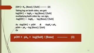 [OH-] = Kb. [Base] / [Salt] --------- (2)
Taking log on both sides, we get:
log[OH-] = logKb + log [Base] / [Salt]
multiplying both sides by –ve sign,
-log[OH-] = -logKb - log [Base] / [Salt]
As -log[OH-] = pOH & -logKb = pkb
pOH = pkb – log [Base] / [Salt]
Or
pOH = pkb + log[Salt] / [Base] ---------- (3)
52
 