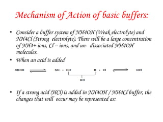 Mechanism of Action of basic buffers:
• Consider a buffer system of NH4OH (Weak electrolyte) and
NH4Cl (Strong electrolyte). There will be a large concentration
of NH4+ ions, Cl – ions, and un- dissociated NH4OH
molecules.
• When an acid is added
• If a strong acid (HCl) is added in NH4OH / NH4Cl buffer, the
changes that will occur may be represented as:
 