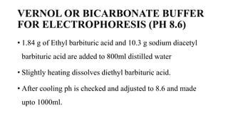 VERNOL OR BICARBONATE BUFFER
FOR ELECTROPHORESIS (PH 8.6)
• 1.84 g of Ethyl barbituric acid and 10.3 g sodium diacetyl
barbituric acid are added to 800ml distilled water
• Slightly heating dissolves diethyl barbituric acid.
• After cooling ph is checked and adjusted to 8.6 and made
upto 1000ml.
 