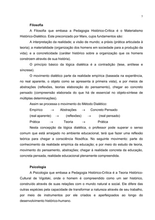 5
Filosofia
A Filosofia que embasa a Pedagogia Histórico-Crítica é o Materialismo
Histórico-Dialético. Este preconizado por Marx, cujos fundamentos são:
A interpretação da realidade; a visão de mundo; a práxis (prática articulada à
teoria); a materialidade (organização dos homens em sociedade para a produção da
vida); e a concreticidade (caráter histórico sobre a organização que os homens
constroem através de sua história).
O princípio básico da lógica dialética é a contradição (tese, antítese e
síncrese).
O movimento dialético parte da realidade empírica (baseada na experiência,
no real aparente, o objeto como se apresenta à primeira vista), e por meios de
abstrações (reflexões, teorias elaboração do pensamento), chegar ao concreto
pensado (compreensão elaborada do que há de essencial no objeto-síntese de
múltiplas determinações).
Assim se processa o movimento do Método Dialético:
Empírico Abstrações Concreto Pensado
(real aparente) (reflexões) (real pensado)
Prática Teoria Prática
Nesta concepção da lógica dialética, o professor pode superar o senso
comum que está arraigado no ambiente educacional, terá que fazer uma reflexão
teórica para chegar a consciência filosófica. No seguinte movimento: parte do
conhecimento da realidade empírica da educação; e por meio do estudo de teoria,
movimento do pensamento, abstrações; chegar à realidade concreta da educação,
concreta pensada, realidade educacional plenamente compreendida.
Psicologia
A Psicologia que embasa a Pedagogia Histórico-Crítica é a Teoria Histórico-
Cultural de Vigotski, onde o homem é compreendido como um ser histórico,
construído através de suas relações com o mundo natural e social. Ele difere das
outras espécies pela capacidade de transformar a natureza através de seu trabalho,
por meio de instrumentos por ele criados e aperfeiçoados ao longo do
desenvolvimento histórico-humano.
 